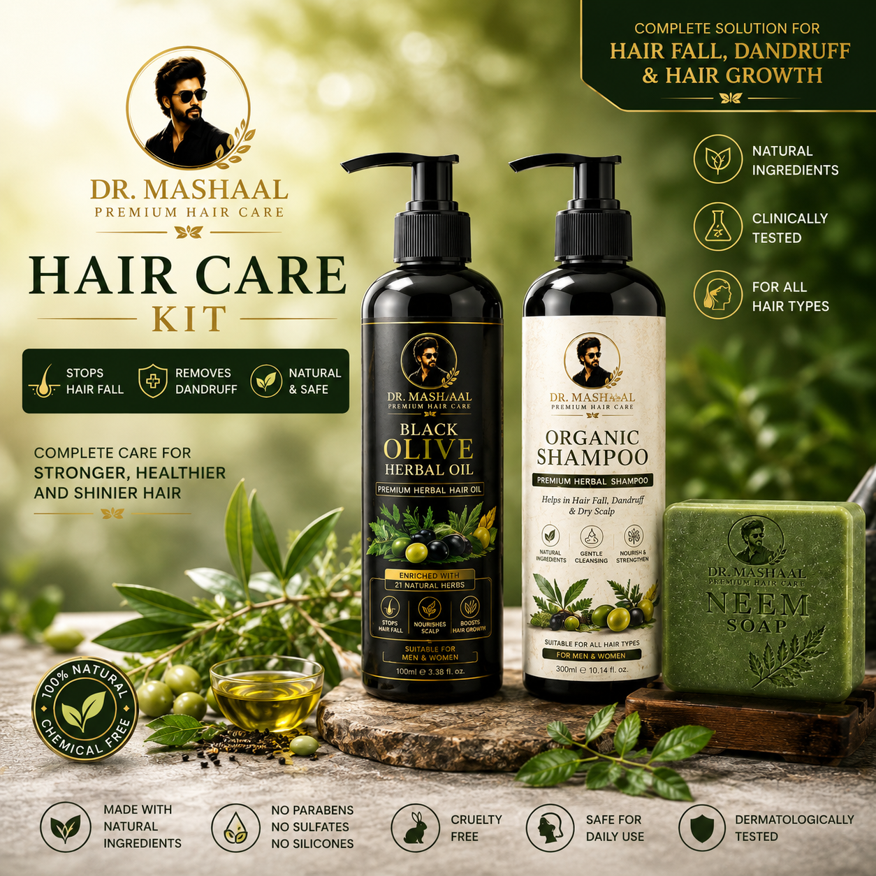 Dr. Mashaal Complete Herbal Hair Care Bundle | Oil + Shampoo + Neem Soap