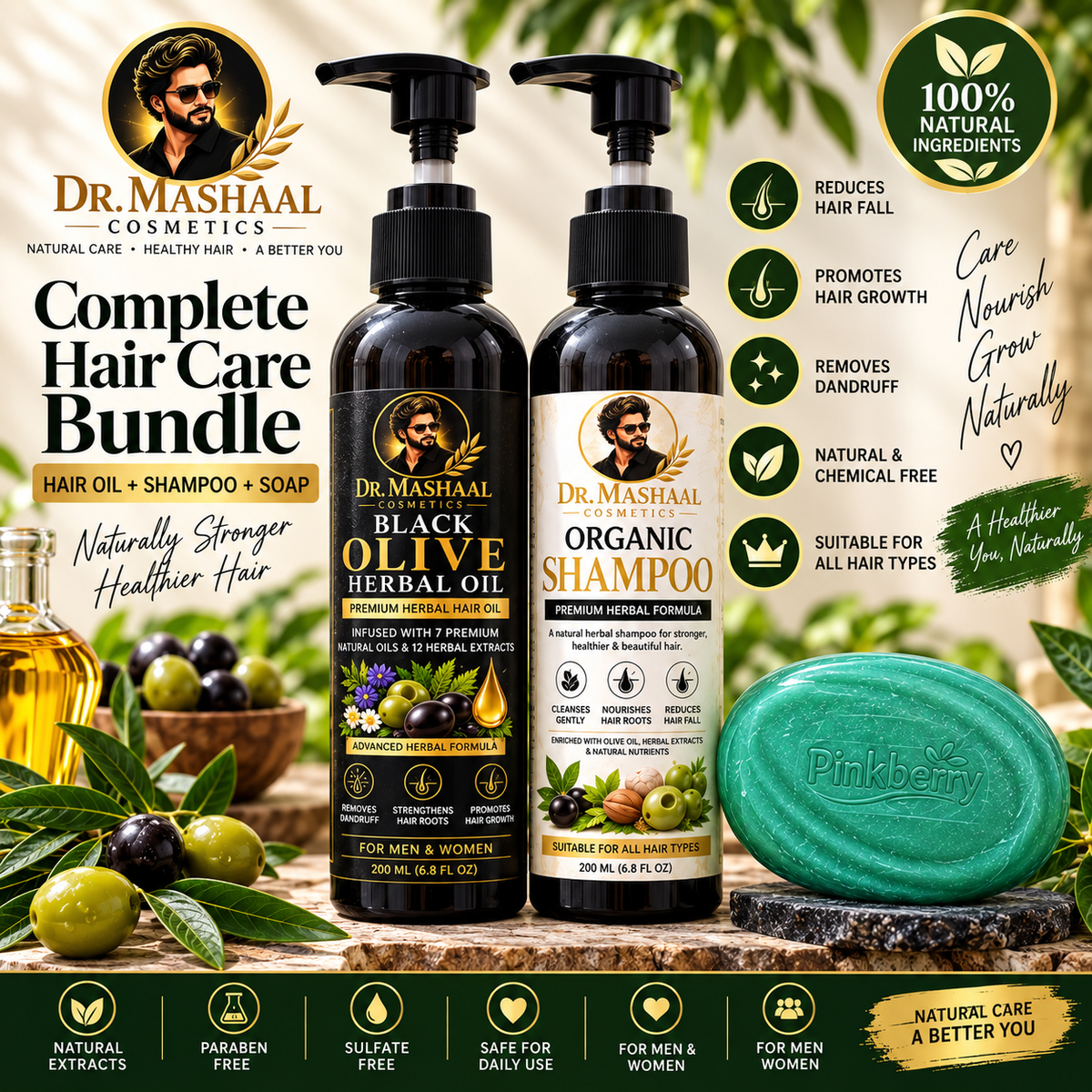 Dr. Mashaal Complete Herbal Hair Care Bundle | 200ml Olive Hair Oil + 200ml Organic Shampoo + Neem Soap