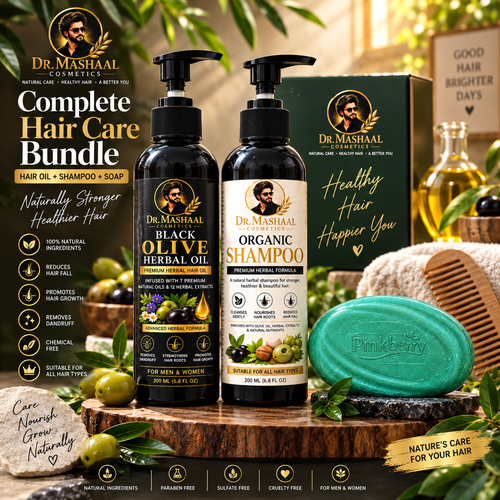 Dr. Mashaal Complete Herbal Hair Care Bundle | 200ml Olive Hair Oil + 200ml Organic Shampoo + Neem Soap